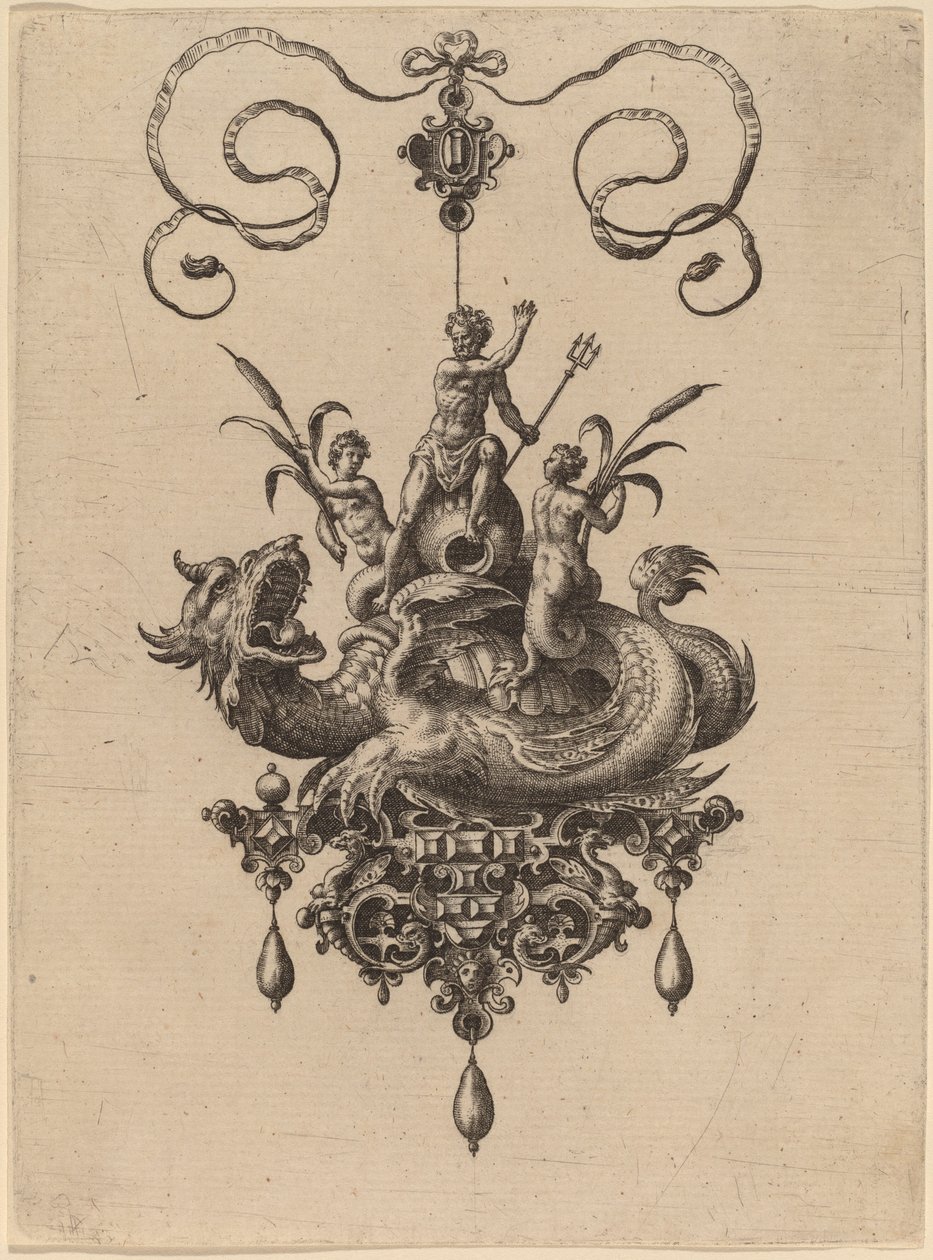 Projeto para um pingente com um monstro marinho carregando Netuno ladeado por duas nereidas de Hans Collaert the Elder