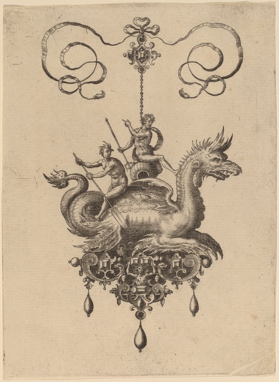 Projeto para um pingente com um monstro marinho carregando Netuno em uma urna flanqueada por um deus do rio com um remo de Hans Collaert the Elder