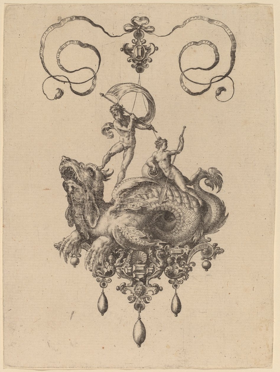 Design para um pingente com um monstro marinho carregando Thetis e um homem com uma vela de Hans Collaert the Elder