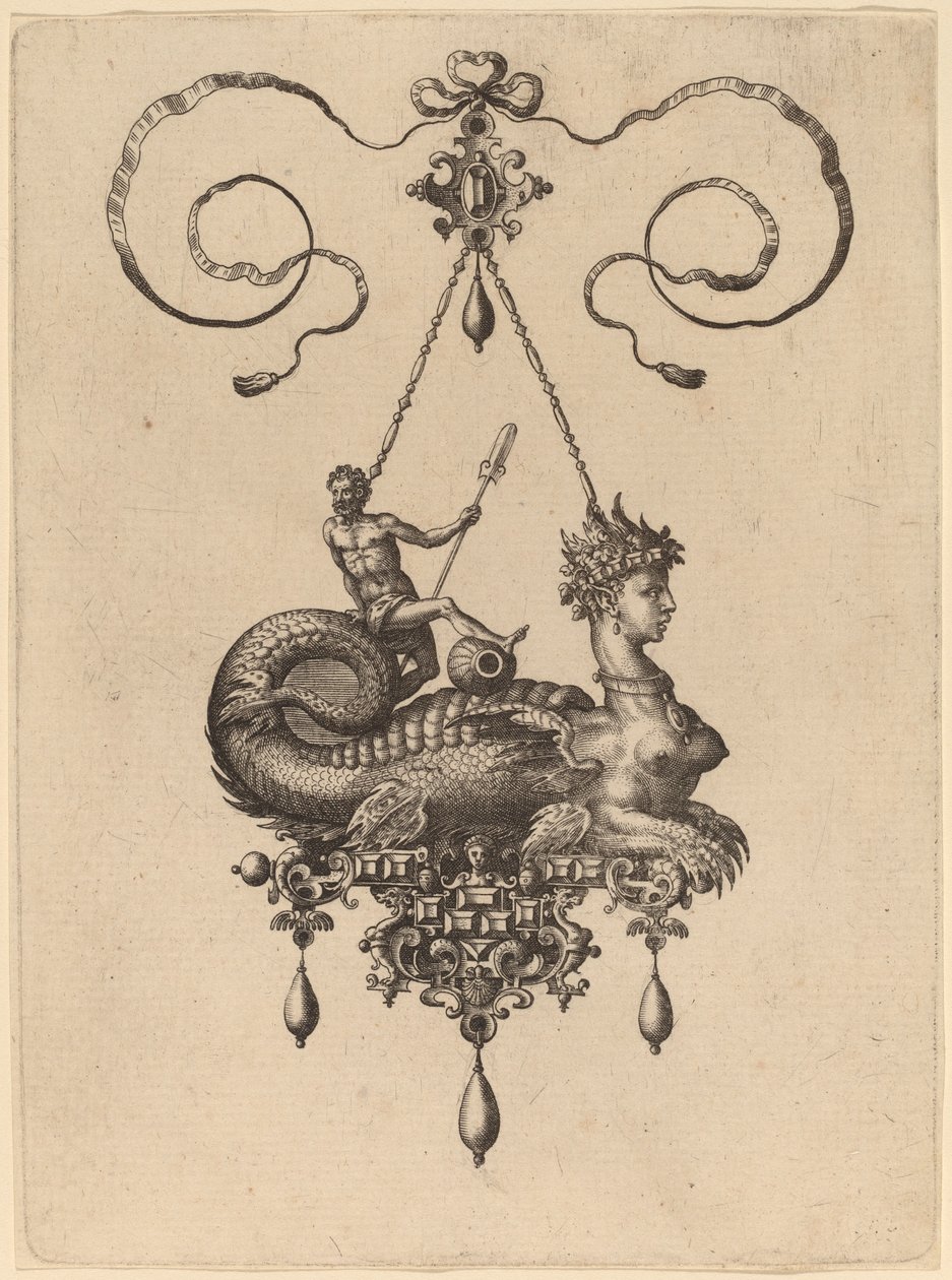 Projeto para um pingente com uma esfinge com o corpo de um peixe carregando um homem com um remo de Hans Collaert the Elder