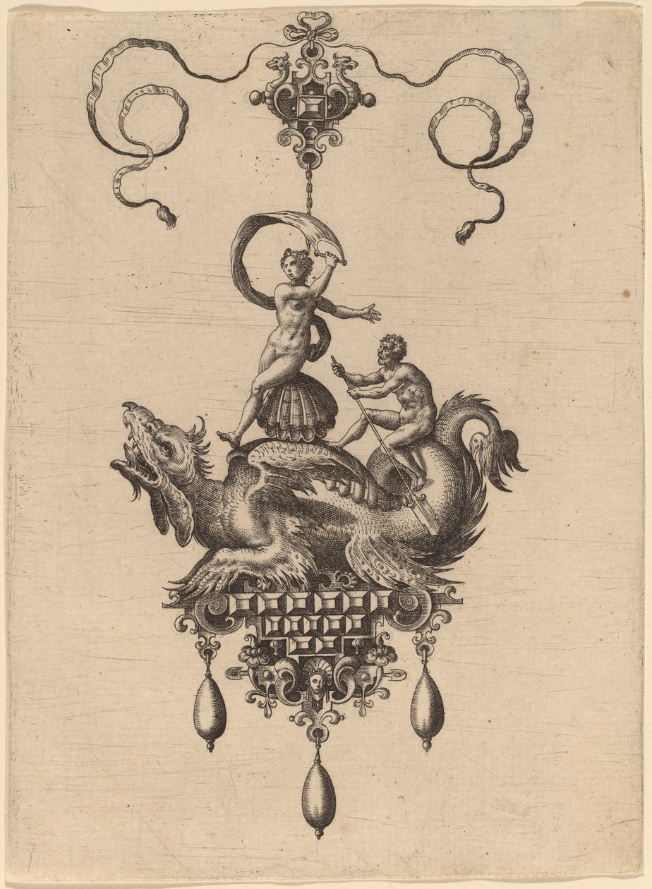 Projeto para um pingente com um monstro marinho alado carregando Vênus Anadyomene em uma concha e um homem com um remo de Hans Collaert the Elder