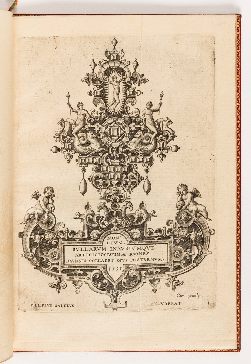 Placa 1, página de rosto de um conjunto de dez, intitulado Bullar Necklaces and Artificial Icones (Designs for Necklaces, Pendants and Earrings of the Higher Skill, the Final Work by John Collaert) de Hans Collaert the Elder
