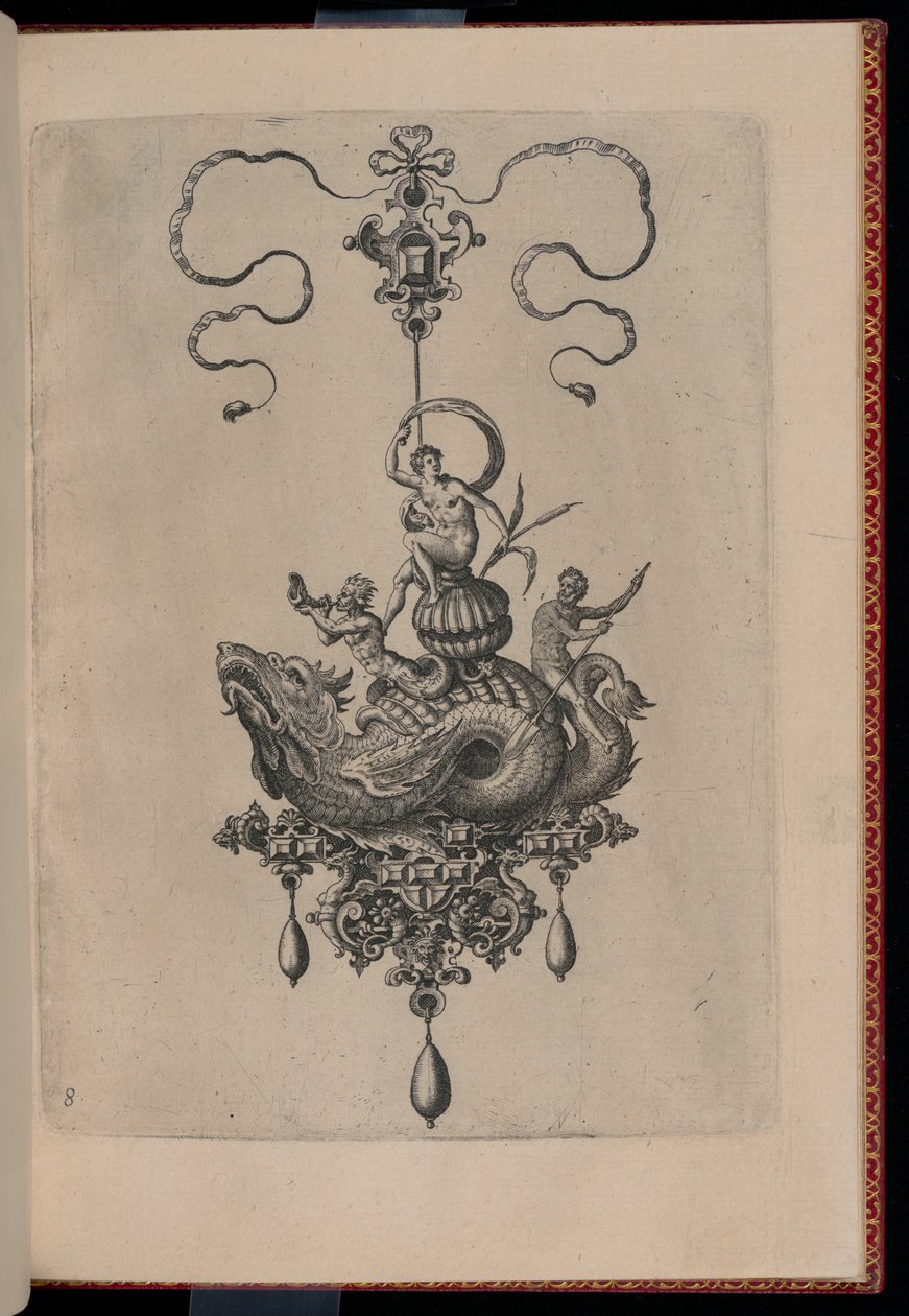 Placa 8, de Bullarum Inaurium etc. Arquétipos do Artesão Parte Dois (Pingentes, Brincos, etc. Desenhos da Natureza Mais Habilidosa, Parte Dois) de Hans Collaert the Elder