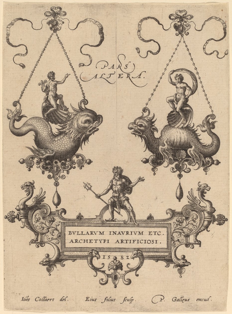 Placa de título com desenhos para pingentes de Hans Collaert the Elder
