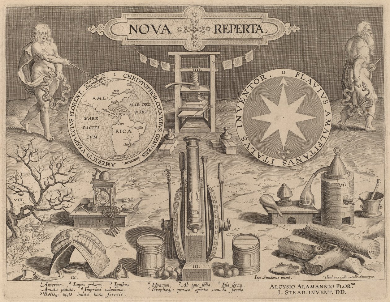 Página de rosto para Nova Reperta (Novas Descobertas) de Hans Collaert the Younger after Jan van der Straet