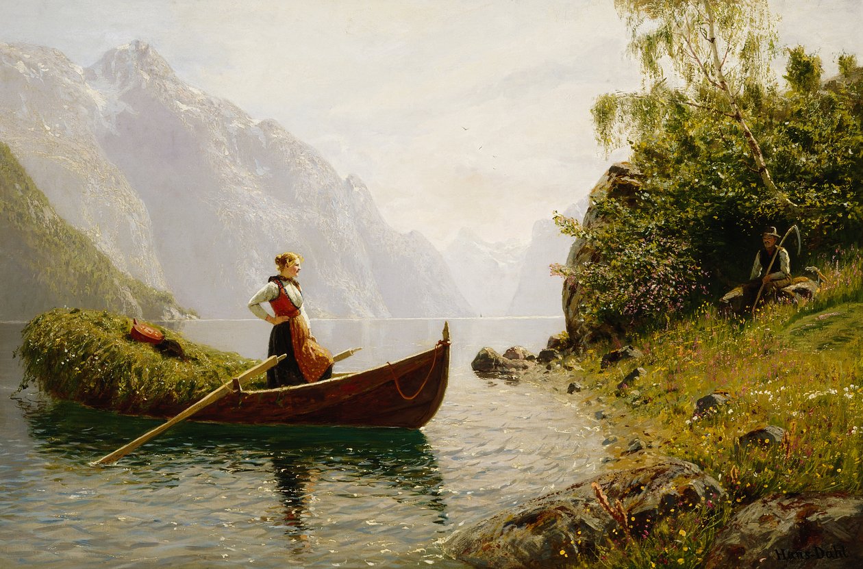 Mulher e homem no fiorde landsacape de Hans Dahl