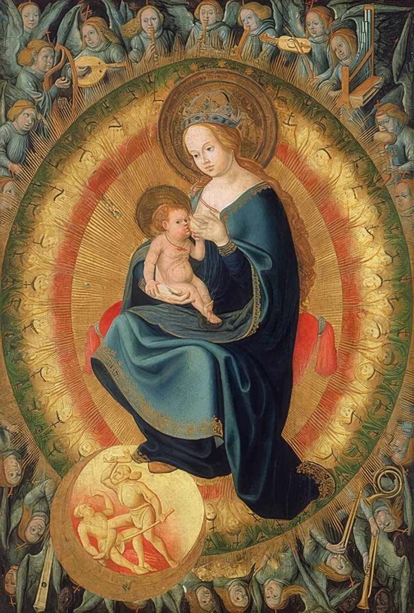 Maria, amamentando a criança, em uma glória angelical. 1500-10 de Hans Fries