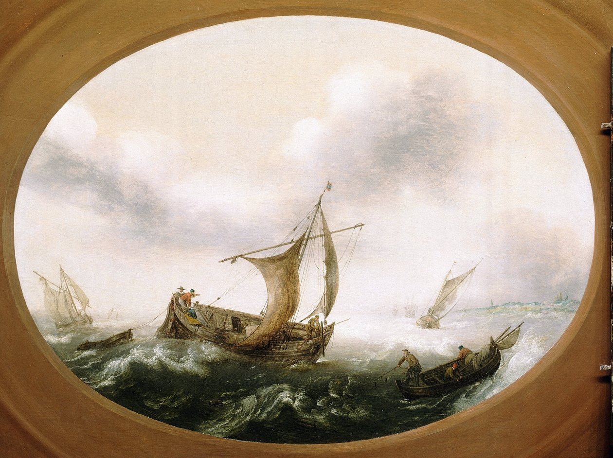 Barcos de pesca holandeses apanhados por uma grande brisa, um barco mais pequeno, vela para baixo, à direita, com pescadores a puxar as redes de Hans Goderis