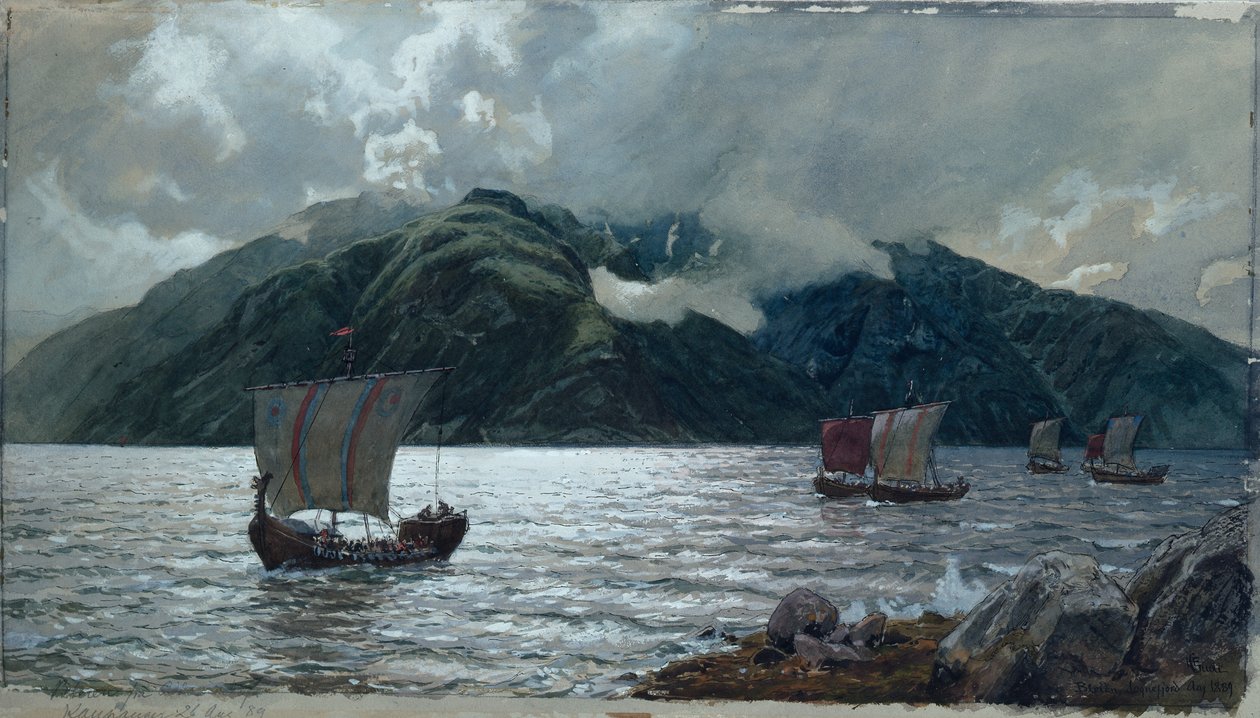 Viking Ships, Sognefjord (aguarela, caneta, lápis e guache sobre papel) de Hans Gude