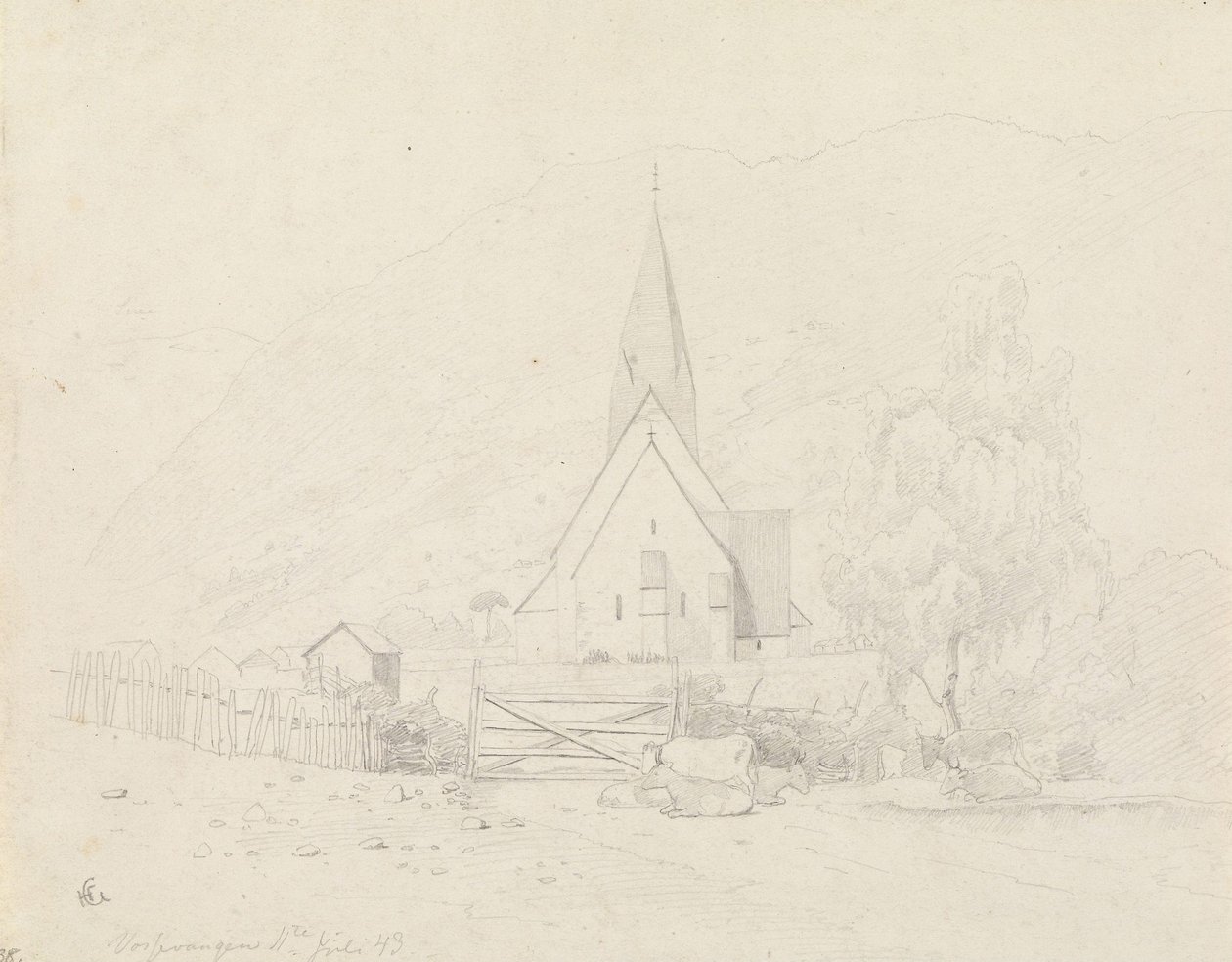 Vossevangen com a igreja de Voss de Hans Gude