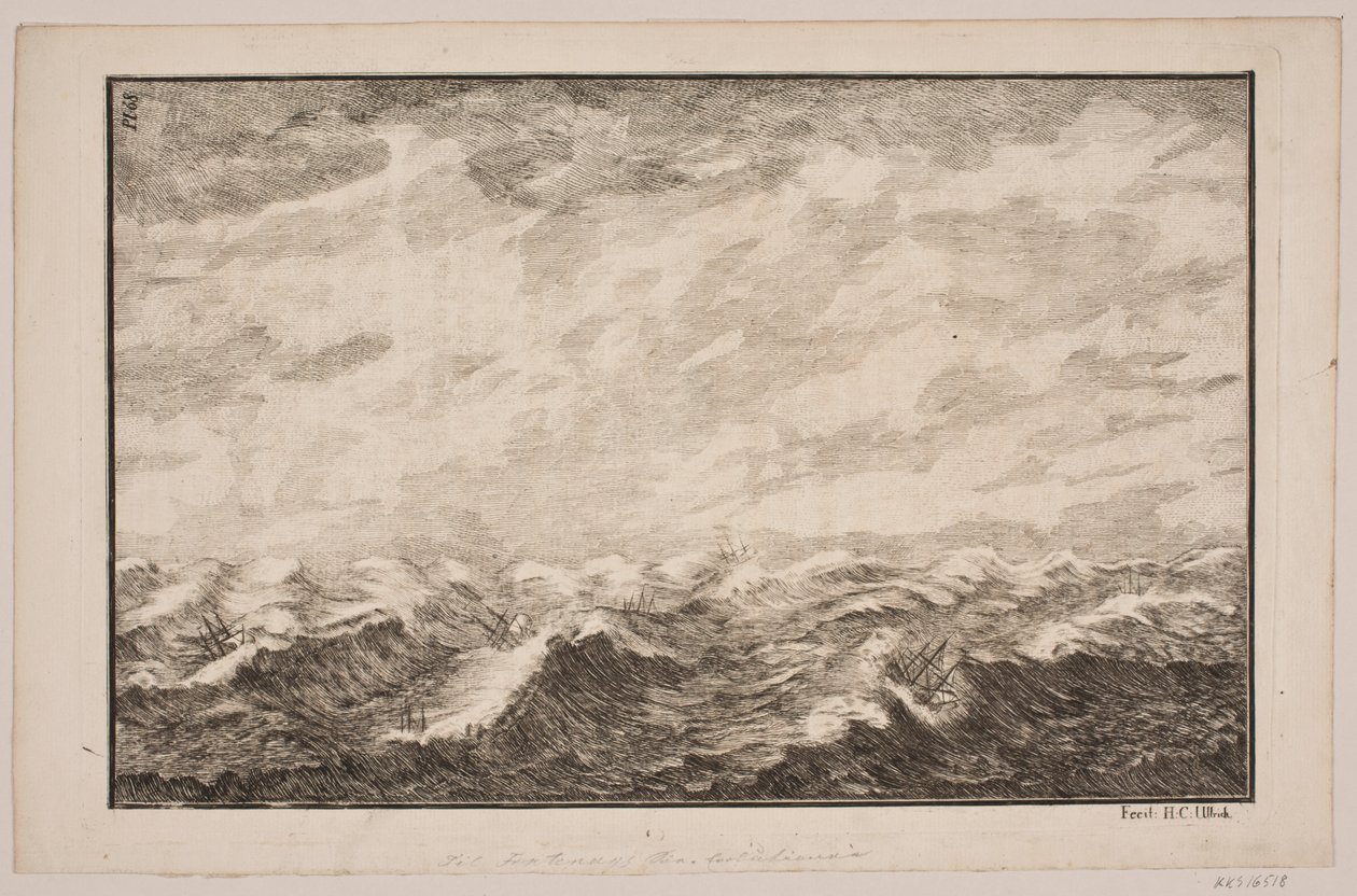 Navios em mar agitado. Ilustração para Fontenay, "Söe-Evolution"; Copenhague 1743 de Hans Henrich Christian Ulrich