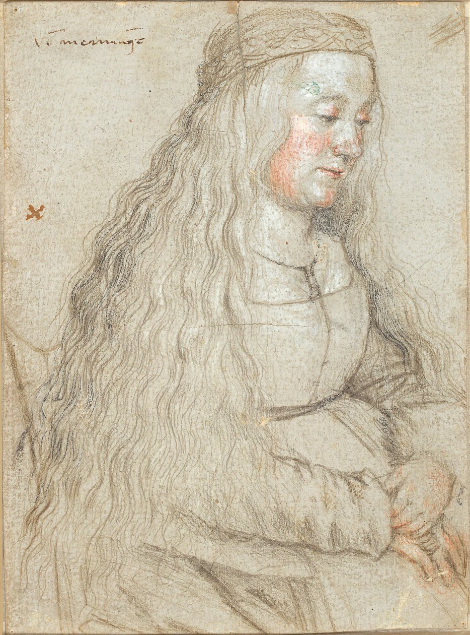 Noiva sentada com cabelo esvoaçante e tiara de Hans Holbein d.Æ.