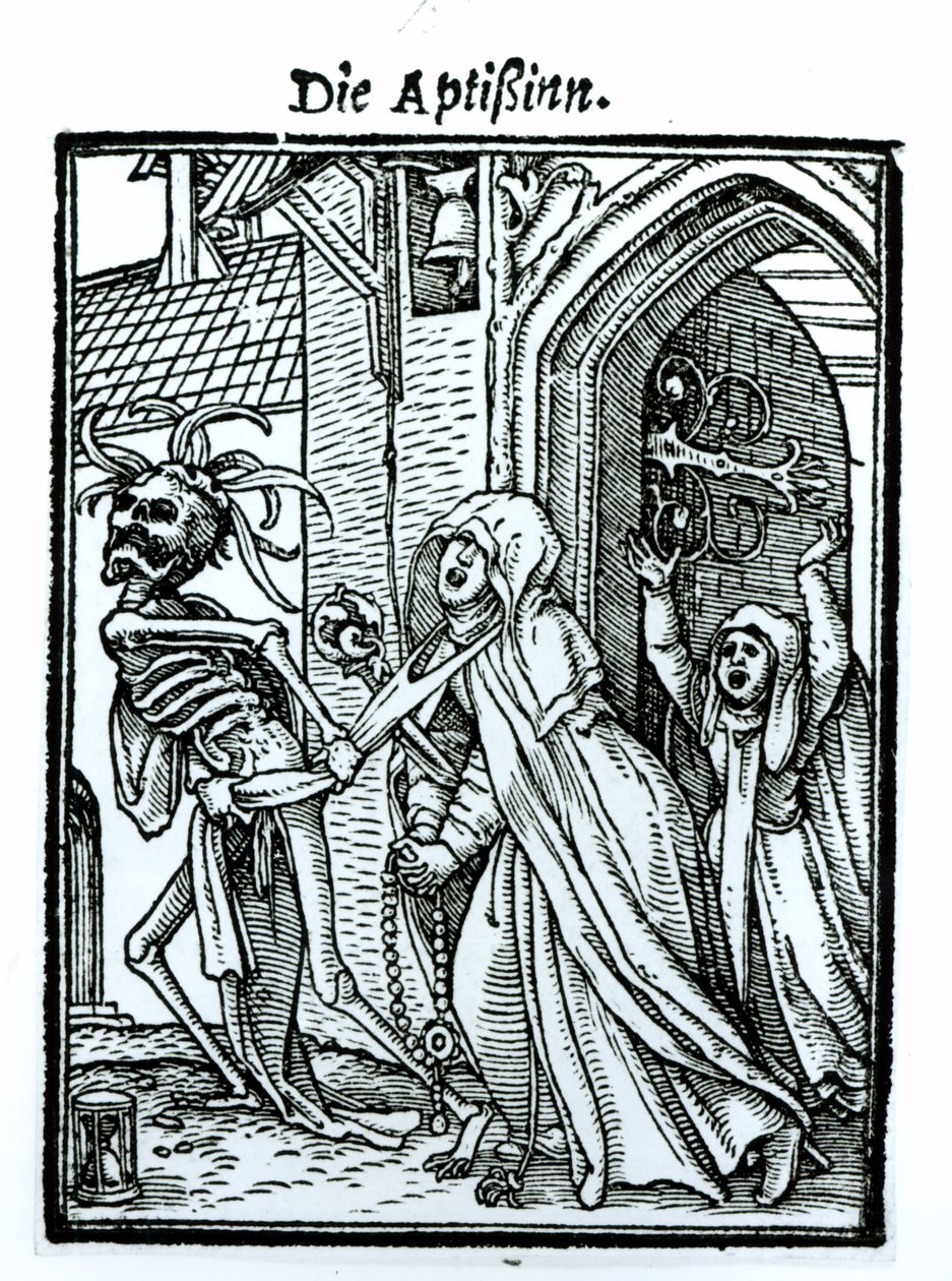 Morte e a Abadessa, de "A Dança da Morte", gravada por Hans Lutzelburger, c.1538 de Hans Holbein der Jüngere