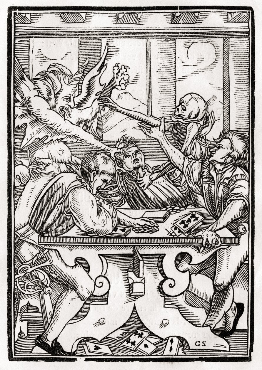 Morte e o diabo vêm para o jogador de cartas, gravado por Georg Scharffenberg, de &39;Der Todten Tanz&39;, publicado Basel, 1843 de Hans Holbein der Jüngere