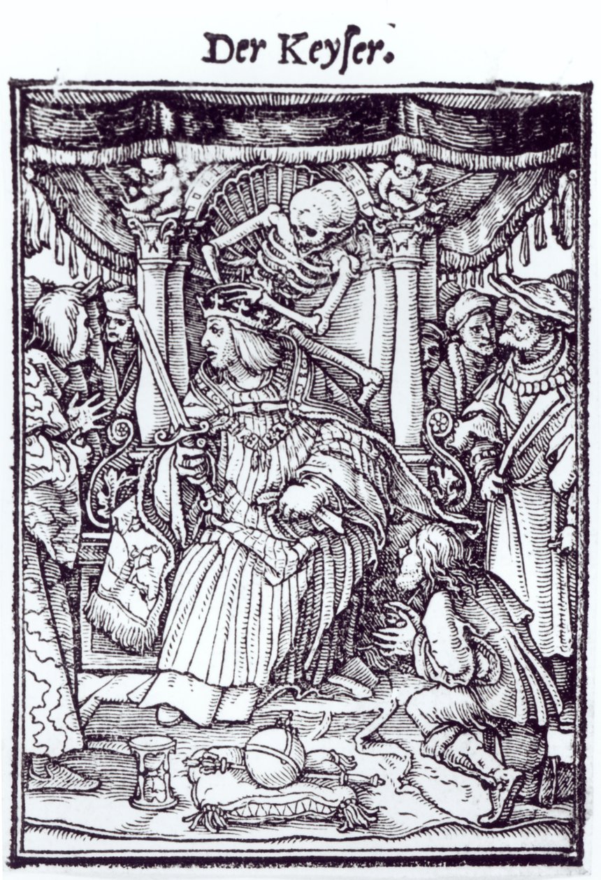Morte e o Imperador, de &39;A Dança da Morte&39;, gravura de Hans Lutzelburger, c.1538 de Hans Holbein der Jüngere