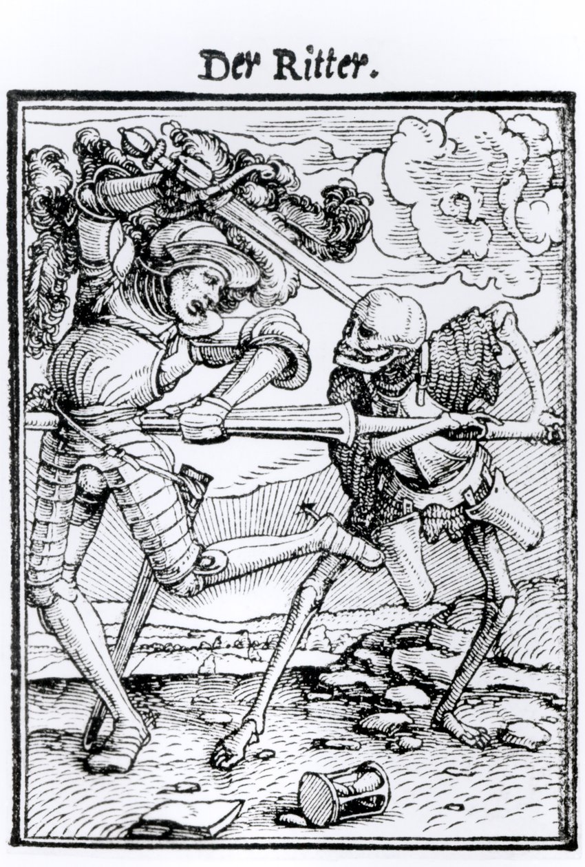 Morte e o Cavaleiro, de &39;A Dança da Morte&39;, gravada por Hans Lutzelburger, c.1538 de Hans Holbein der Jüngere