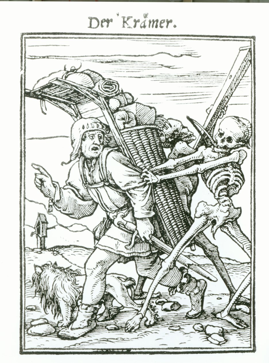 Morte e o Pedlar, de "A Dança da Morte", gravada por Hans Luutzelburger, c.1538 de Hans Holbein der Jüngere