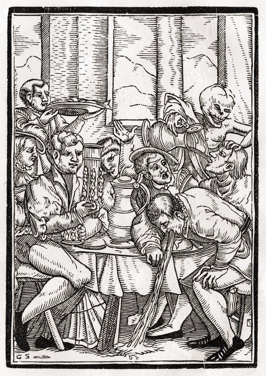A morte chega para o bêbado, gravada por Georg Scharffenberg, de &39;Der Todten Tanz&39;, publicada em Basel, 1843 de Hans Holbein der Jüngere