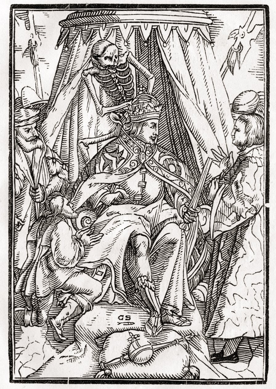 A morte vem para o imperador, gravada por Georg Scharffenberg, de &39;Der Todten Tanz&39;, publicada em Basel, 1843 de Hans Holbein der Jüngere