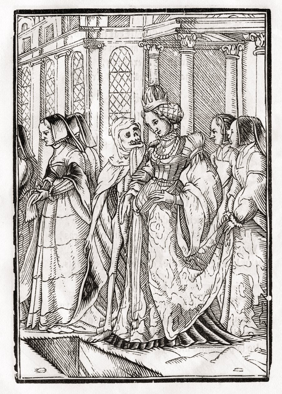 A morte chega para a Imperatriz, gravada por Georg Scharffenberg, de &39;Der Todten Tanz&39;, publicada em Basel, 1843 (lito) de Hans Holbein der Jüngere