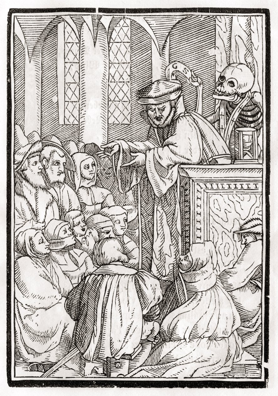 A morte chega para o Pregador, gravada por Georg Scharffenberg, de &39;Der Todten Tanz&39;, publicada em Basiléia, 1843 de Hans Holbein der Jüngere