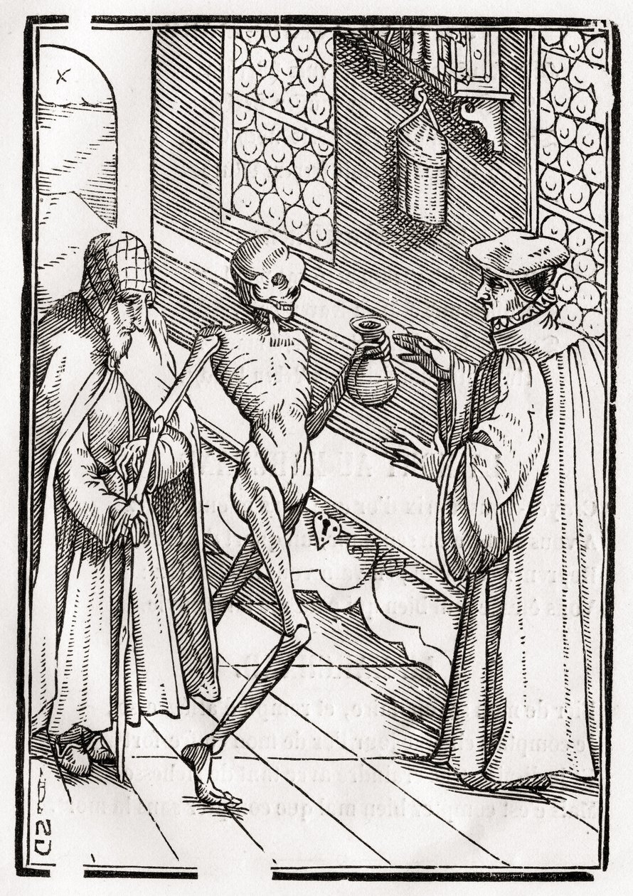 A morte chega ao Doutor, gravada por Georg Scharffenberg, de &39;Der Todten Tanz&39;, publicada em Basel, 1843 de Hans Holbein der Jüngere