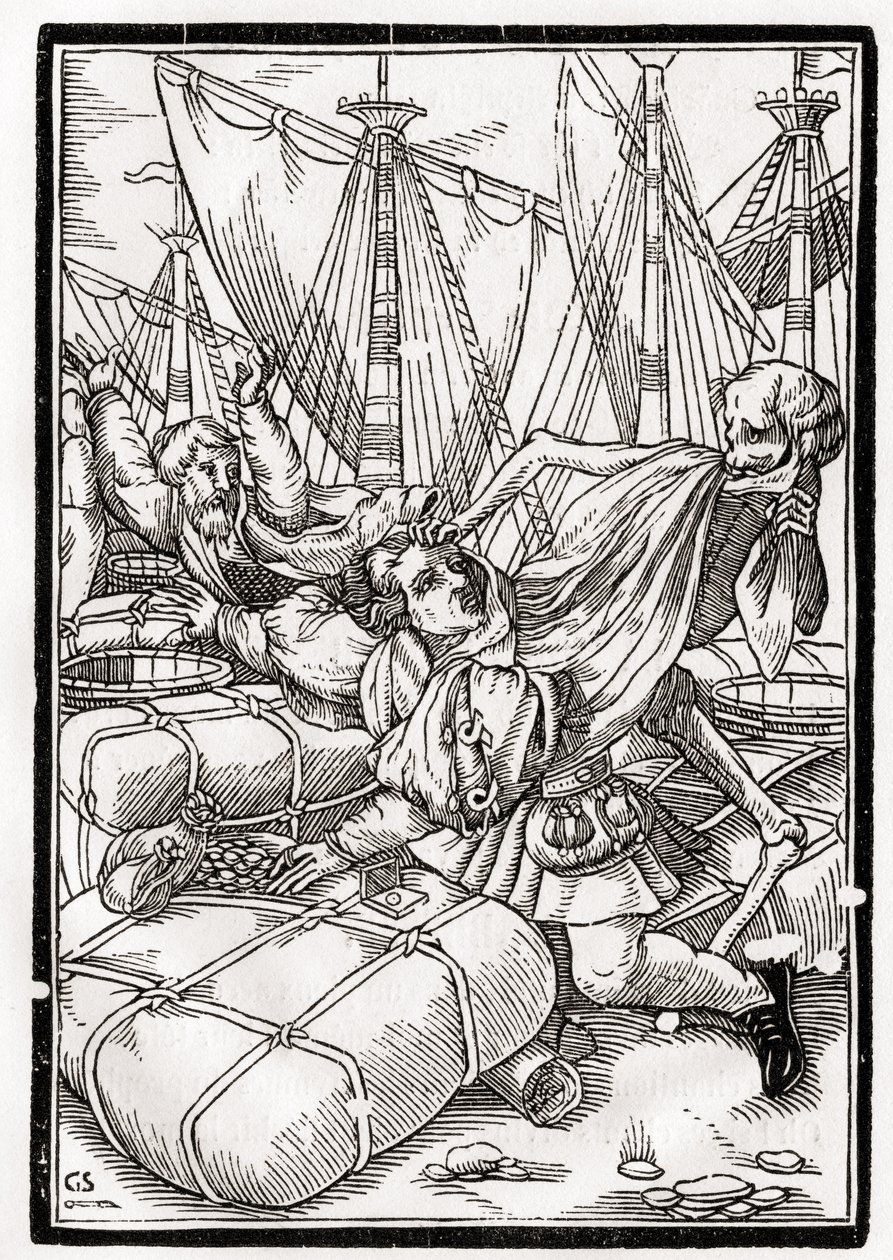 A morte chega ao Mercador, gravada por Georg Scharffenberg, de &39;Der Todten Tanz&39;, publicada em Basel, 1843 de Hans Holbein der Jüngere