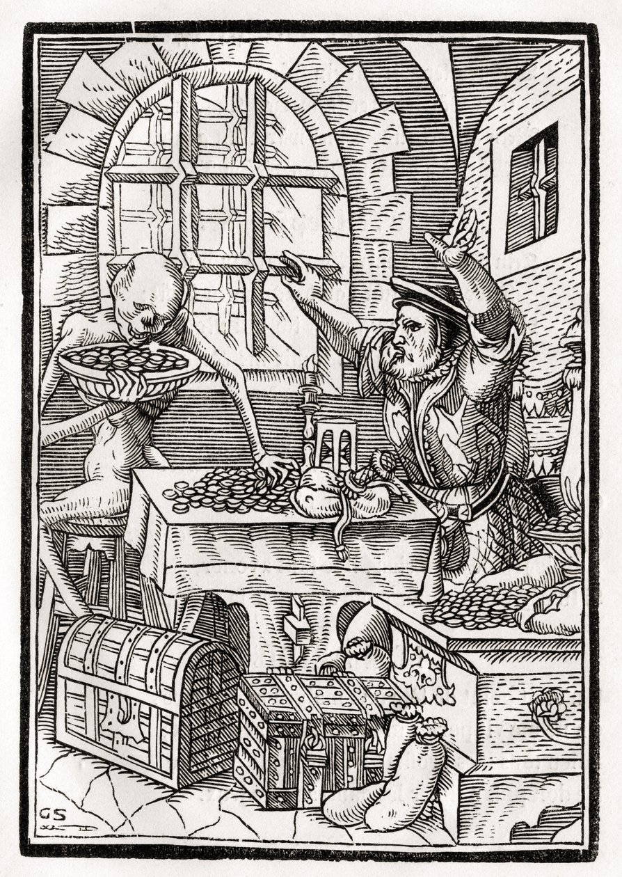 A morte vem para o avarento ou usurário, gravado por Georg Scharffenberg, de &39;Der Todten Tanz&39;, publicado em Basel, 1843 de Hans Holbein der Jüngere