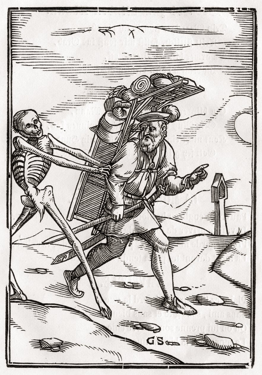 A morte chega ao Pedlar, gravada por Georg Scharffenberg, de &39;Der Todten Tanz&39;, publicada em Basel, 1843 de Hans Holbein der Jüngere