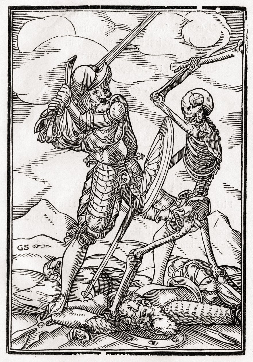 A morte chega ao soldado, gravada por Georg Scharffenberg, de &39;Der Todten Tanz&39;, publicada em Basel, 1843 de Hans Holbein der Jüngere
