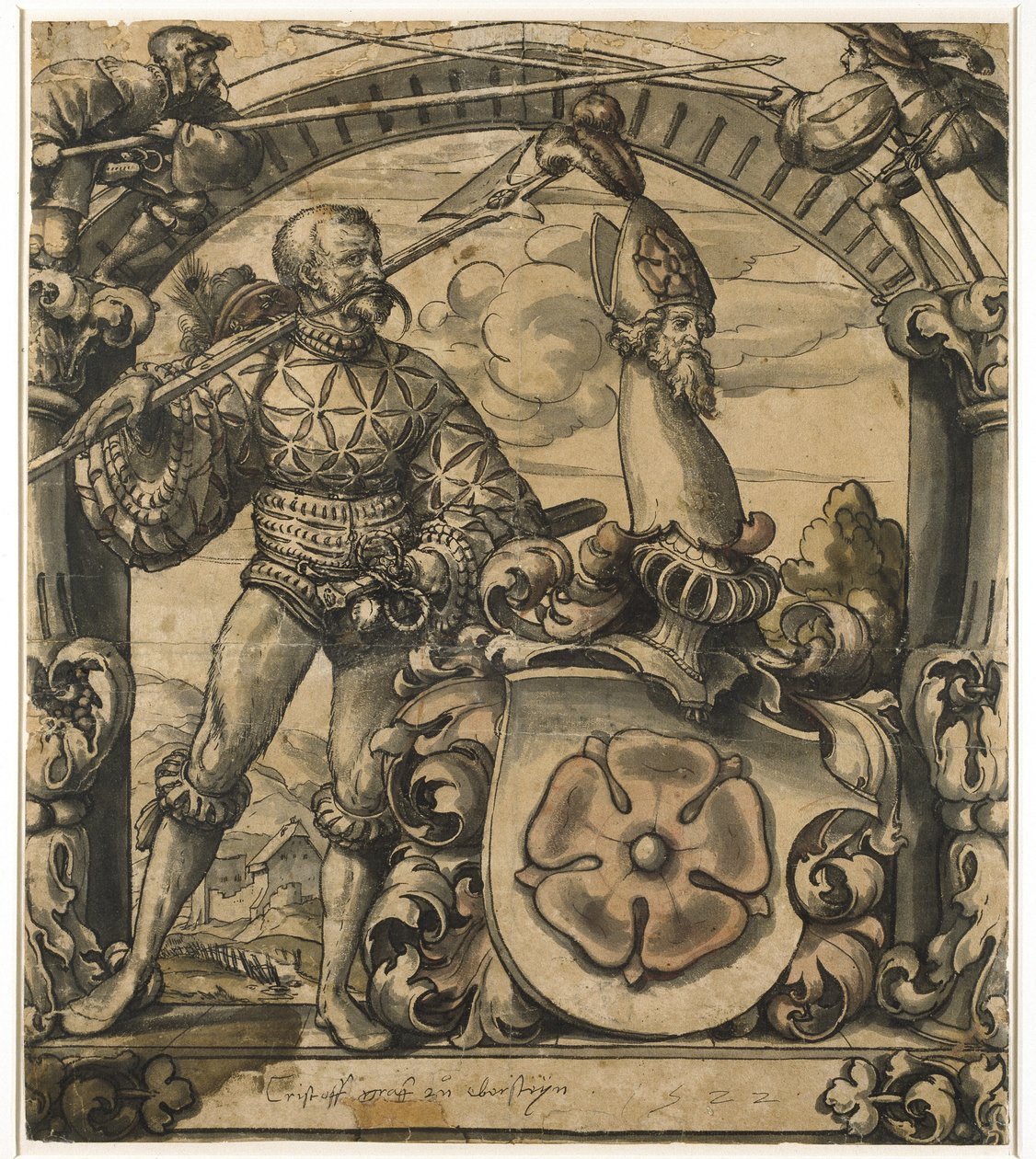Design para um painel heráldico de vitral, 1522 (caneta e tinta preta com lavagem) de Hans Holbein der Jüngere