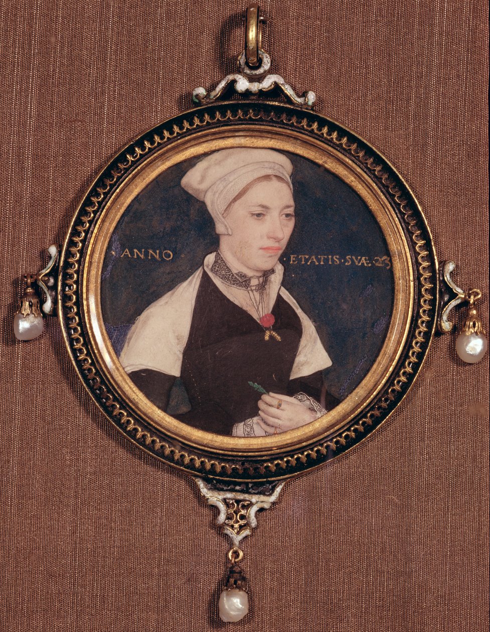 Retrato em miniatura de Jane Small, anteriormente conhecido como Mrs. Robert Pemberton, c.1540 (wc em velino montado em baralho) de Hans Holbein der Jüngere