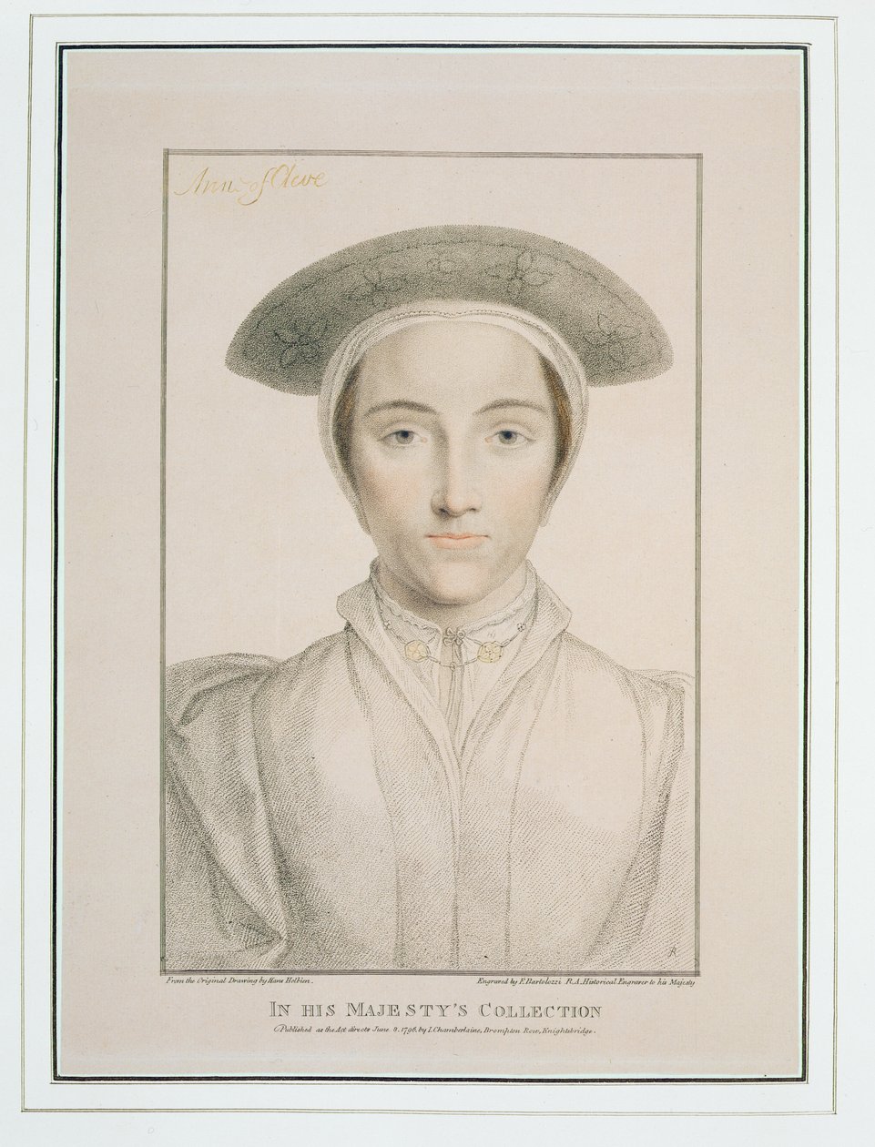 Retrato da Rainha Ana de Cleves (1515-1557) gravado por Francesco Bartolozzi (1727-1815) publicado em 1796 de Hans Holbein der Jüngere