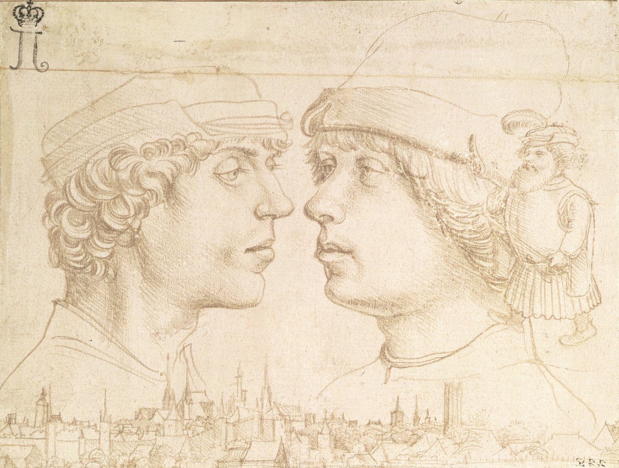 Retratos de dois jovens, um anão e uma paisagem urbana, c.1514 (silverpoint) de Hans Holbein der Jüngere