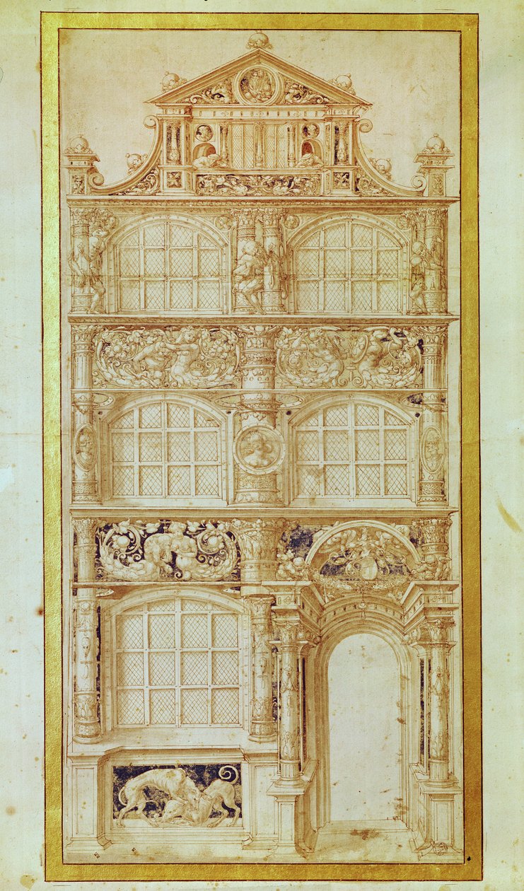 Proposta para a fachada de uma casa de três andares e uma empena (caneta e tinta no papel) de Hans Holbein der Jüngere