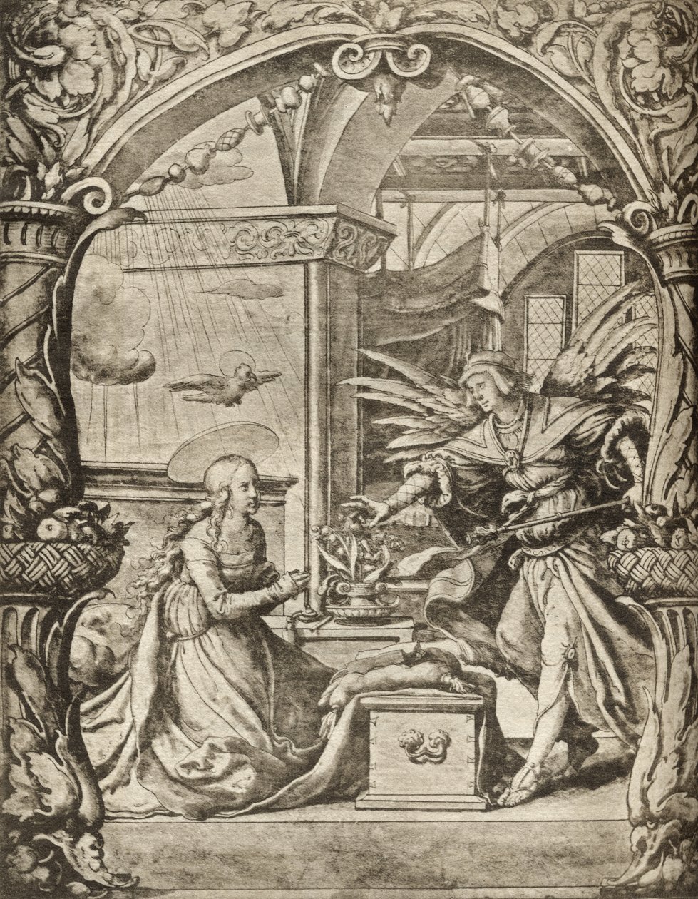 A Anunciação, de "Um catálogo de uma coleção de gravuras, gravuras e xilogravuras", de Richard Fisher, publicado em 1879 (lito) de Hans Holbein der Jüngere
