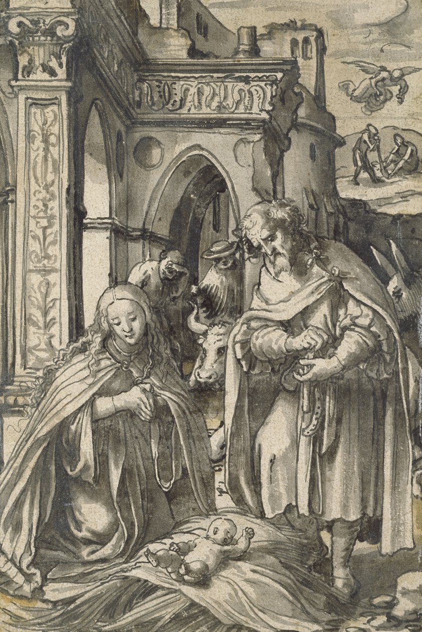 A Natividade (pincel e nanquim com lavagem cinza) de Hans Holbein der Jüngere