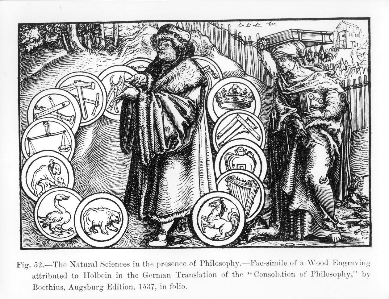 As Ciências Naturais na Presença da Filosofia, da edição alemã de 1537 do &39;Consolation of Philosophy&39; de Boethius, ilustração de &39;Science and Literature in the Middle Ages&39; e Renais de Hans Holbein der Jüngere