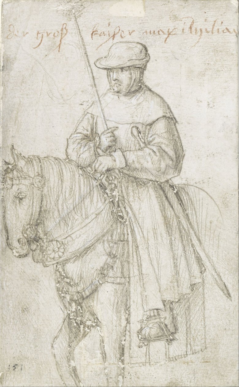 Kaiser Maximiliano I em vestido de viagem a cavalo de Hans Holbein the Elder