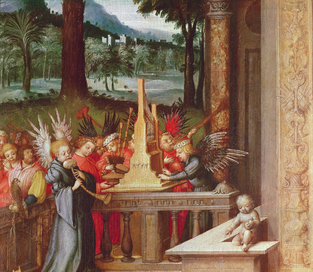 Virgem, criança e santos detalhe de anjos tocando o órgão, 1519 óleo sobre carvalho de Hans Holbein the Elder