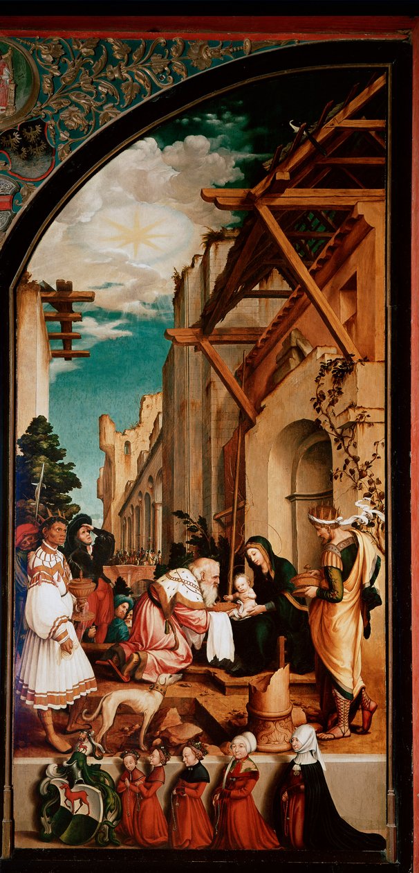 Altarpiece Oberried: "A Adoração dos Magos" Detrempe sobre madeira por Hans Holbein, o Jovem (1497/8-1543) 1521-1522 Sol. 231x109 cm Cathedrale de Fribourg, Suíça de Hans Holbein der Jüngere