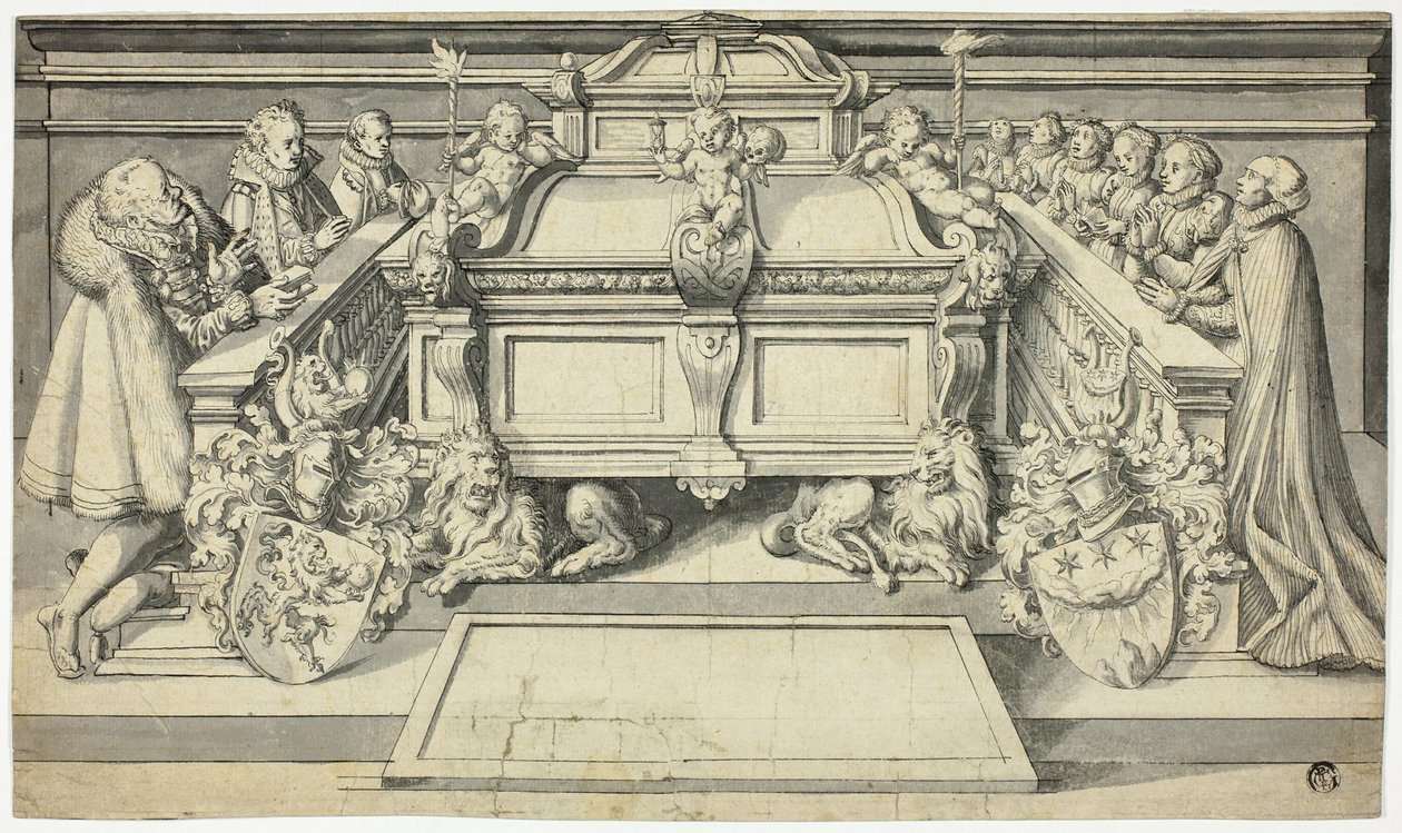 Desenho para Epitáfio: Membros da família ajoelhados diante do túmulo de Hans Holbein the Younger