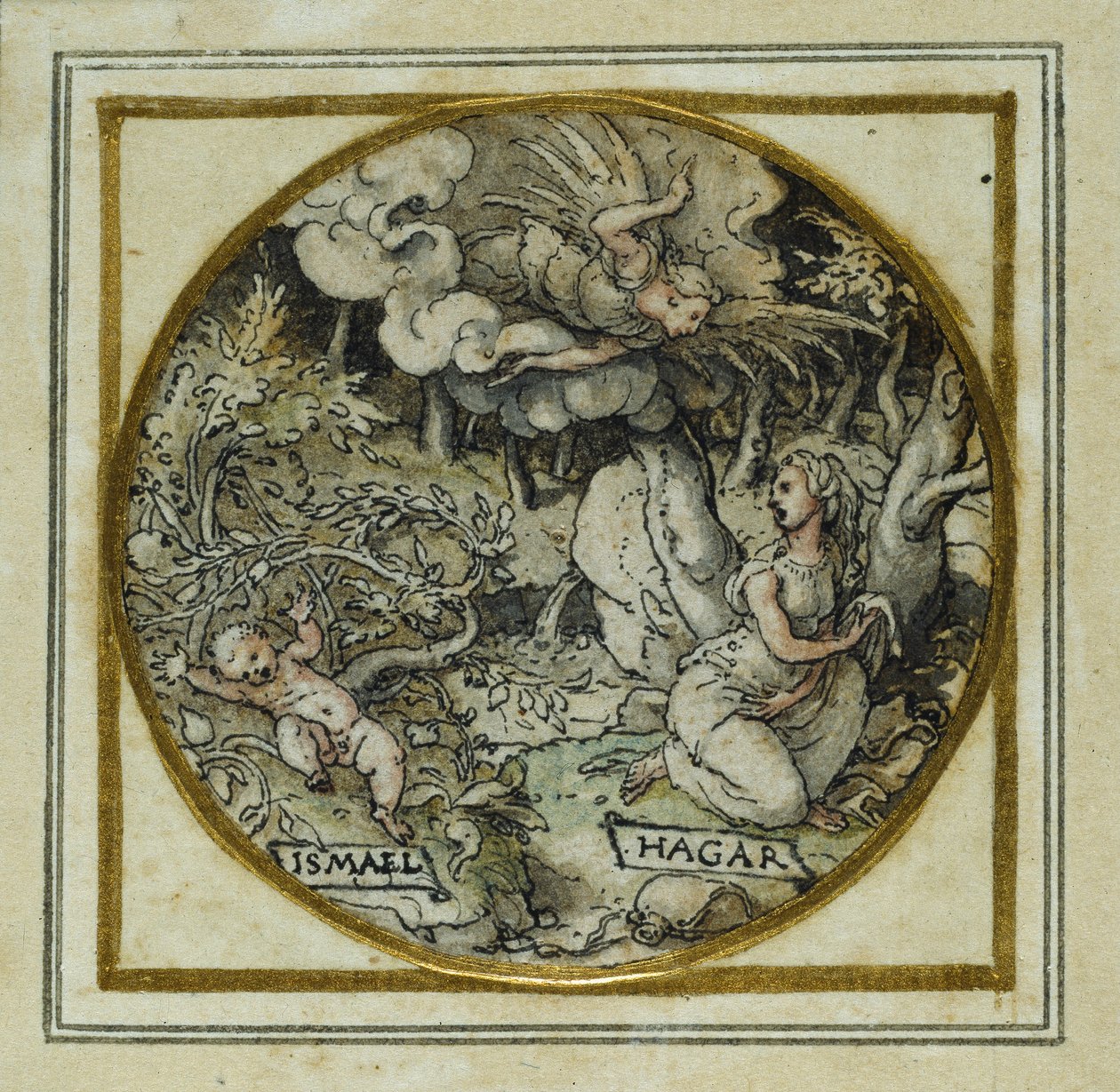 Hagar e Ishmael - Design para um pingente ou crachá de chapéu, c.1532-43 (caneta e tinta sobre papel) de Hans Holbein der Jüngere