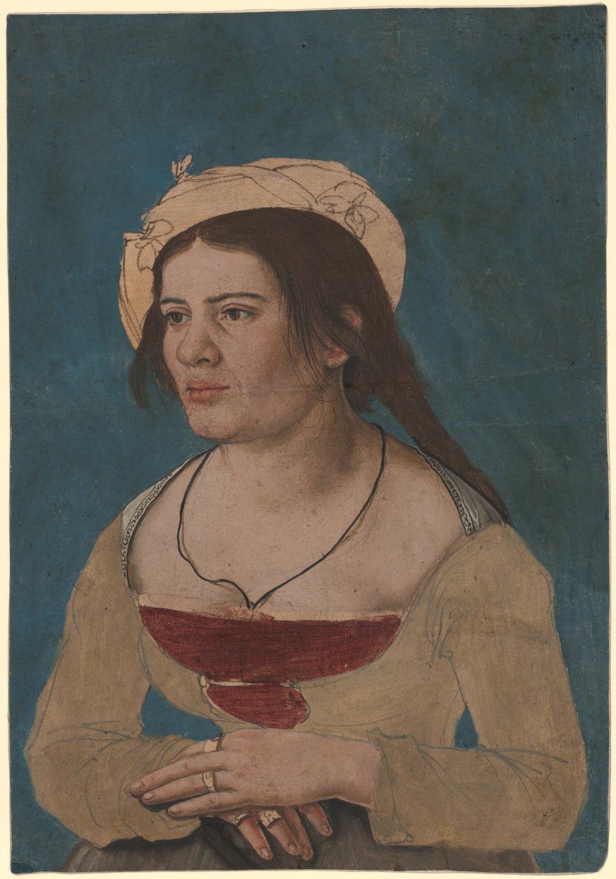 Hans Holbein, o Jovem (circa) - Retrato de uma jovem mulher com um corpete vermelho, Inv. 1823.143 de Hans Holbein the Younger