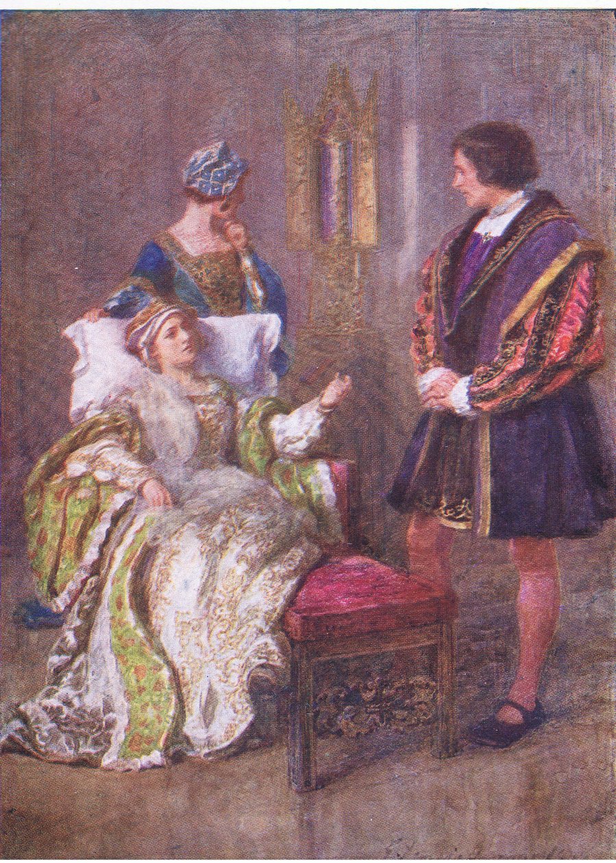 As más maneiras dos homens vivem em latão: há virtudes que escrevemos na água (Rei Henrique VIII), de Obras Completas de Shakespeare, publicado por George Harrap & Co Ltd, década de 1920 de Hans Holbein der Jüngere