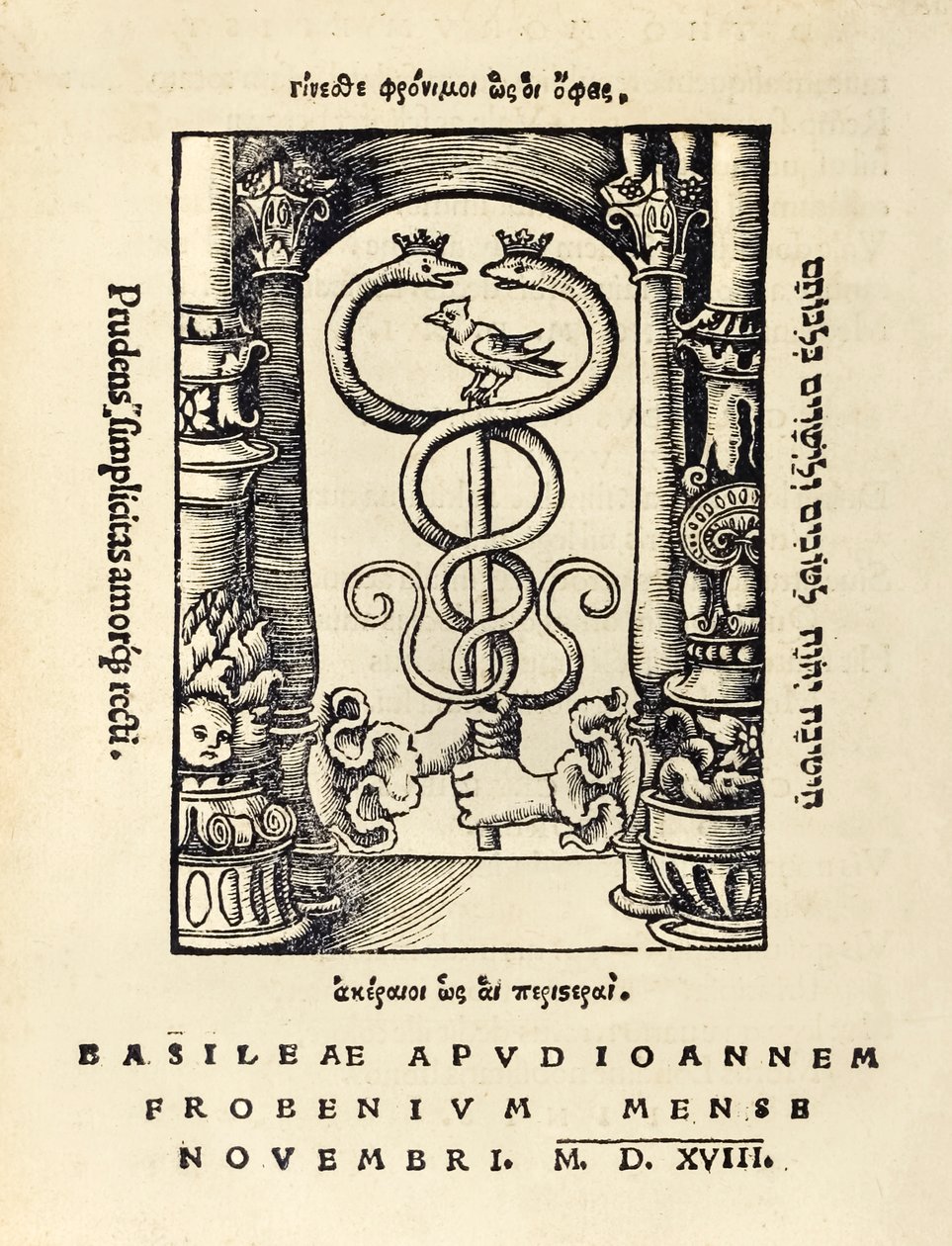 Marca da impressora de Johann Frobens (c.1460 -1527) mostrando duas mãos segurando o caduceu da terceira edição da 