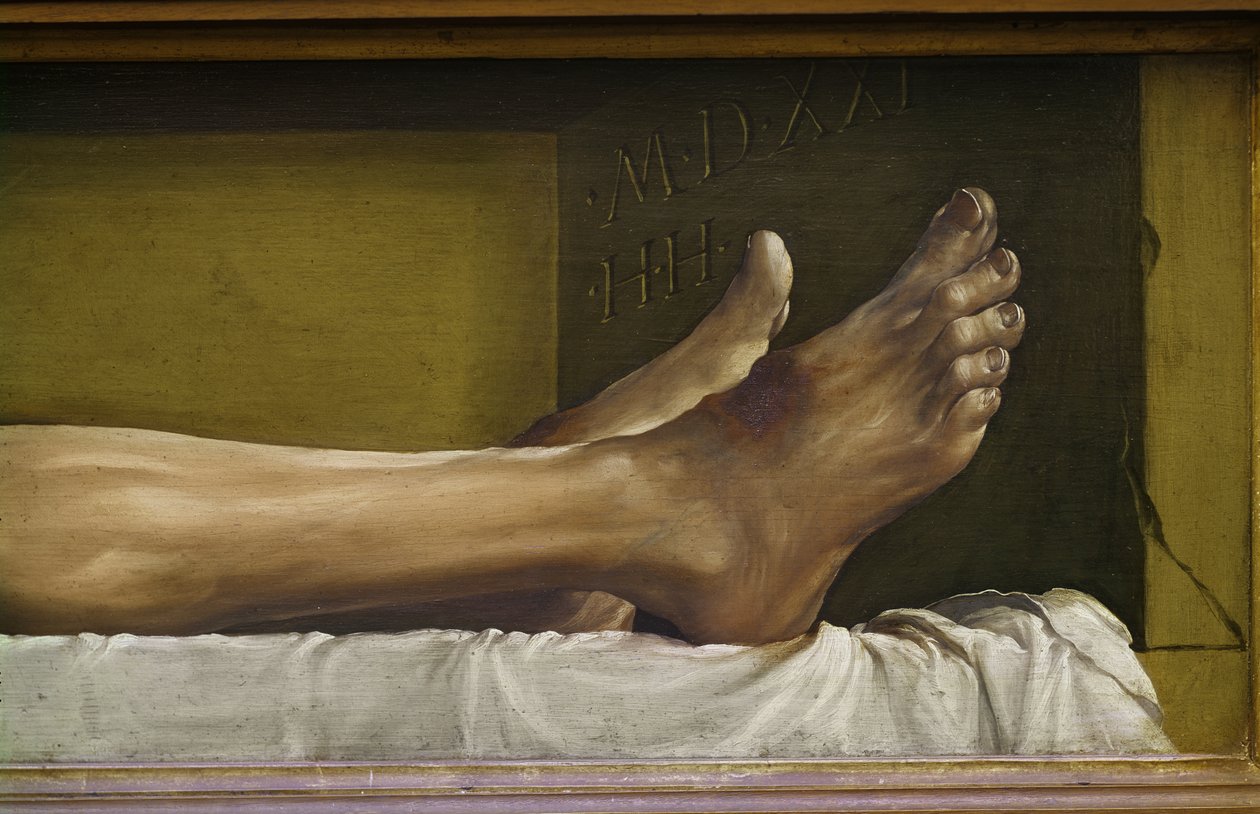O Corpo dos Mortos Cristo, detalhe dos pés e assinatura e data da obra, 1521 têmpera em lenha de Hans Holbein der Jüngere