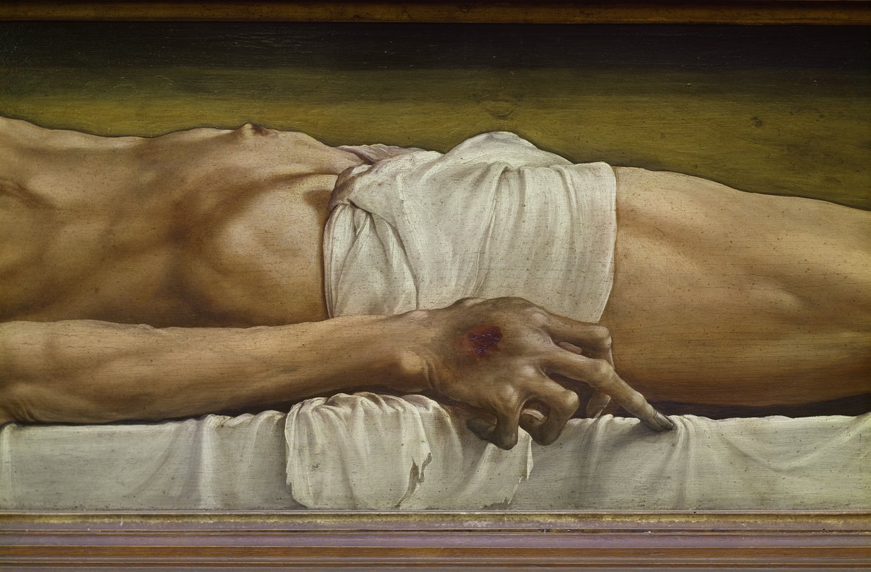 O Corpo dos Mortos Cristo, detalhe da mão, 1521 têmpera em lenha de Hans Holbein der Jüngere
