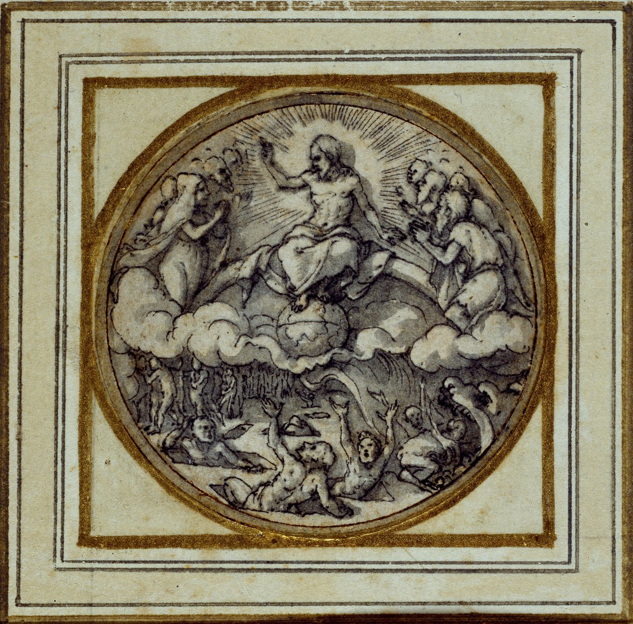 O Juízo Final - Desenho para um pingente ou crachá de chapéu, c.1532-43 (caneta e tinta sobre papel) de Hans Holbein der Jüngere