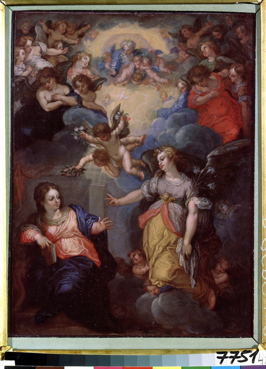 A Anunciação. Pintura de Hans Rottenhammer, o Grande (1564-1625). Óleo sobre cobre, 37 x 21 cm. Arte alemã, Maneirismo. Museu Estatal de Arte Estrangeira da República da Letónia, Riga (Letónia). de Hans I or Johann Rottenhammer